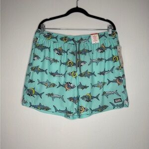 SAXX Oh Buoy Shark Print Swim Shorts Blue Gray 5" Quick Dry Size XL NWT